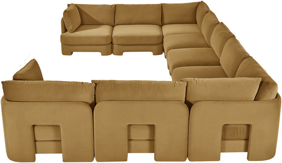 Beige velvet performance sectional sofa, 9-piece modular set with chaise sections