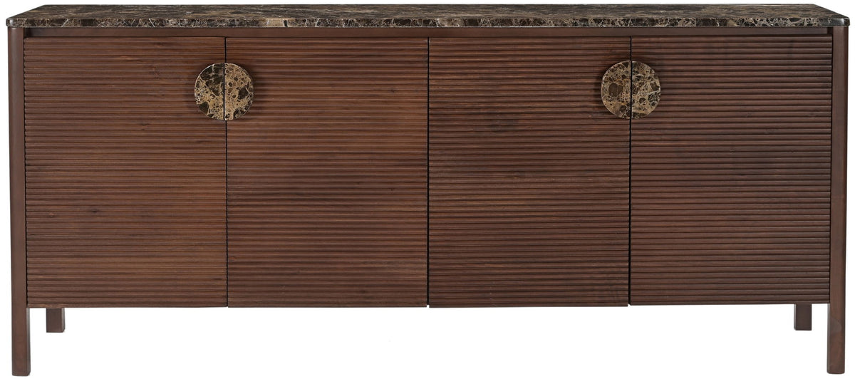 Acacia wood sideboard with four door panels and decorative round pulls