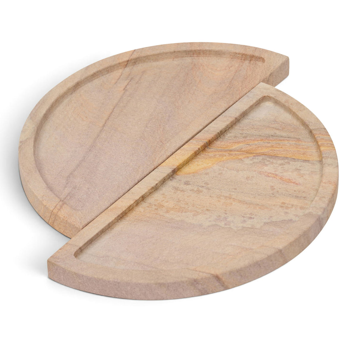 Sandstone tray in sand beige with circular half-disk design and natural veining