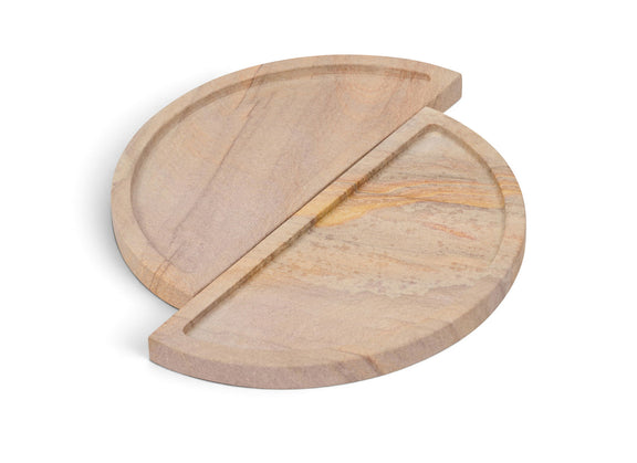Sandstone tray in sand beige with circular half-disk design and natural veining