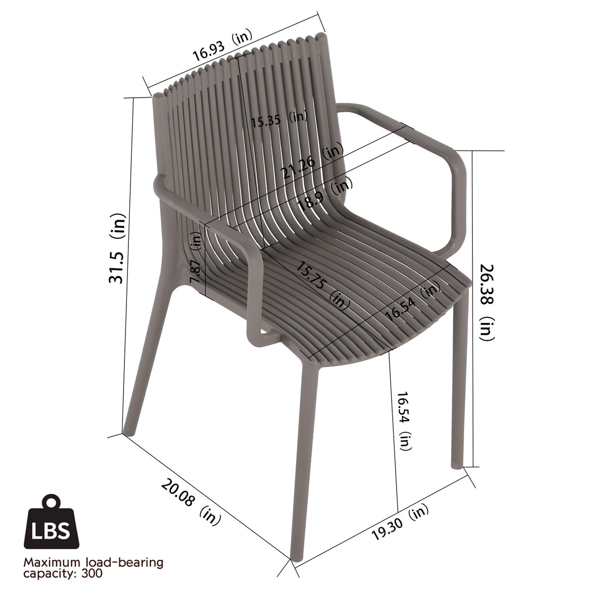 Dark gray plastic armchair with ribbed seat and back, rounded armrests; dimensions shown