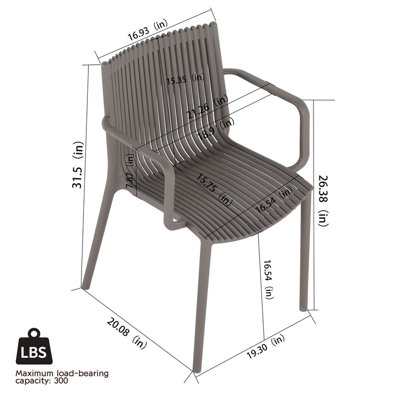 Dark gray plastic armchair with ribbed seat and back, rounded armrests; dimensions shown