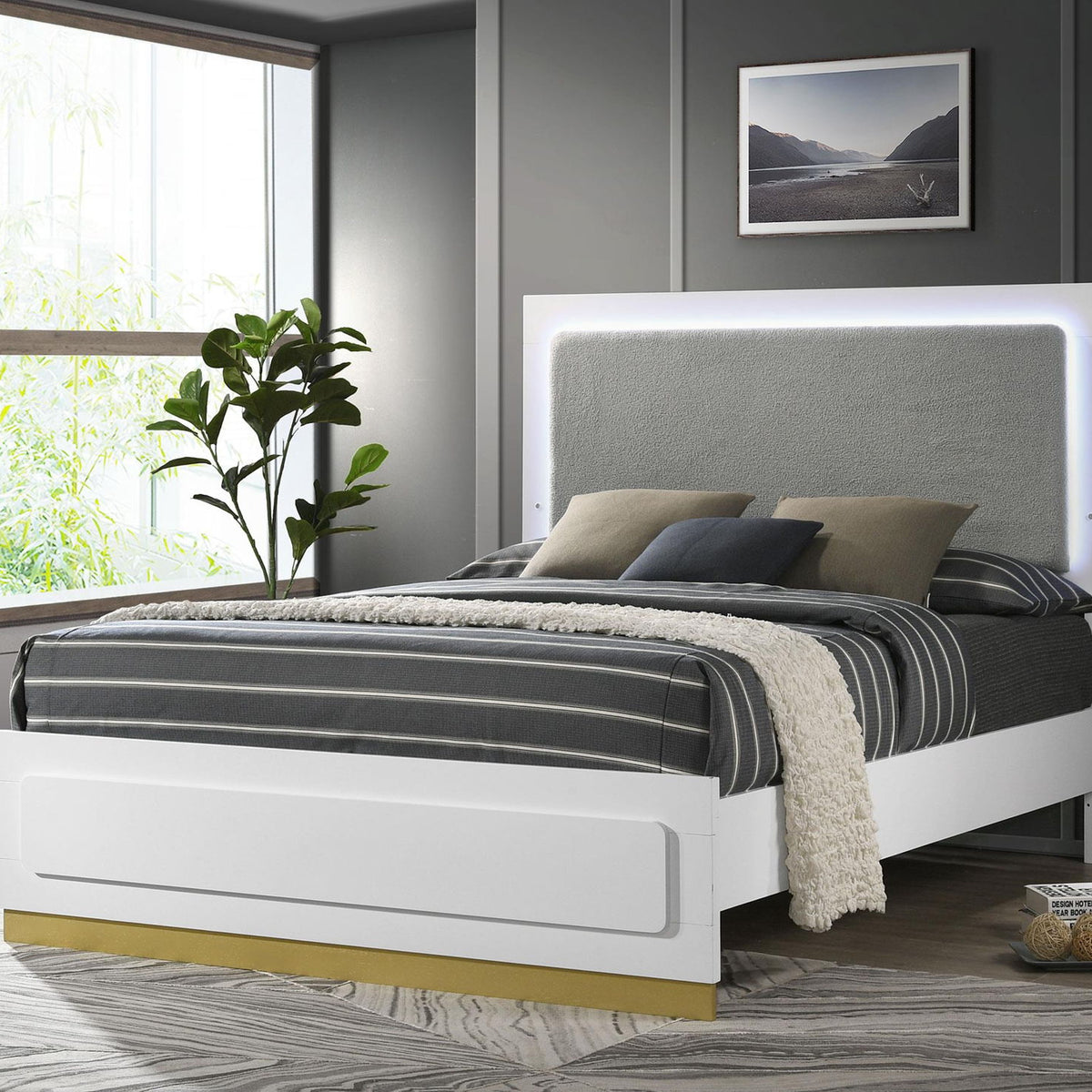 Caraway Wood Queen LED Panel Bed White
