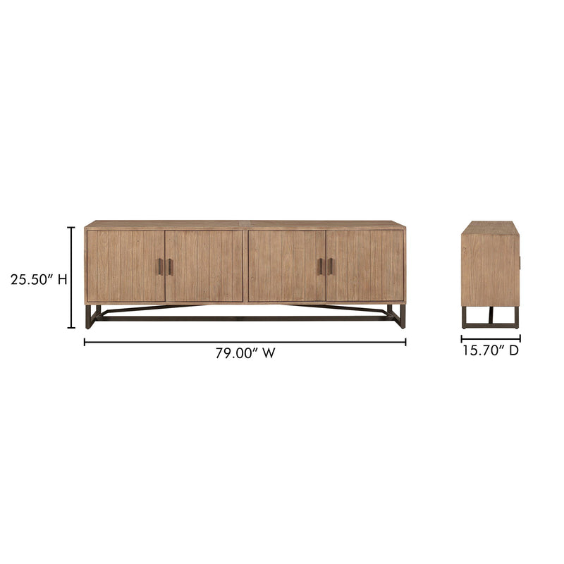 Natural wood media unit, 79W x 25.5H x 15.7D, four cabinet doors