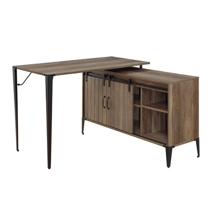 Writing desk with light brown wood top, black tapered legs, side cabinet with doors