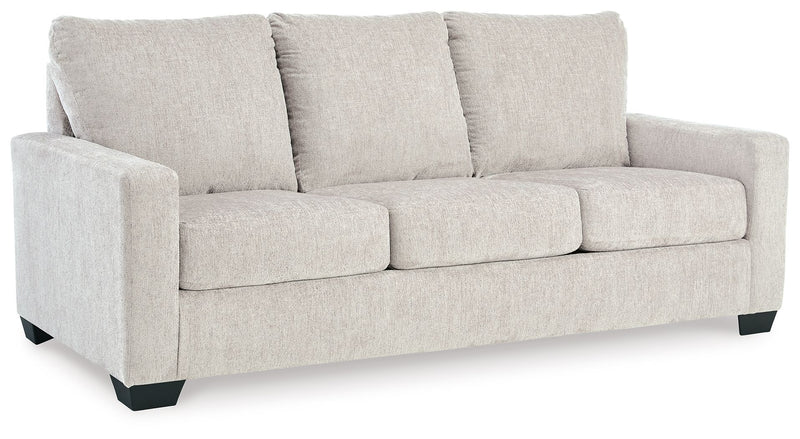 Beige linen-look 3-seat sofa with three back cushions and square armrests