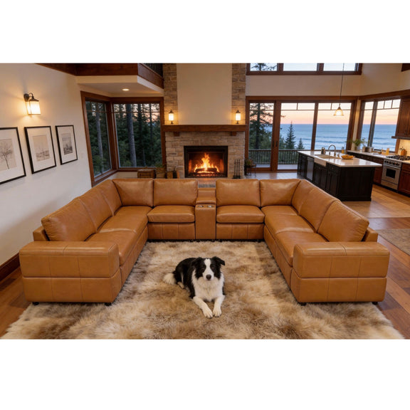 Tan modular sectional sofa with large square arms and multiple reclining-style seats