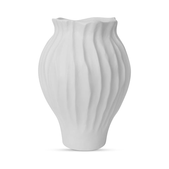 White ribbed ceramic vessel vase with ruffled rim and curved shoulders