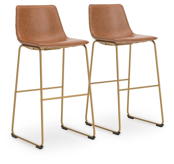 Set of 2 light brown tall upholstered barstools, side-by-side front view