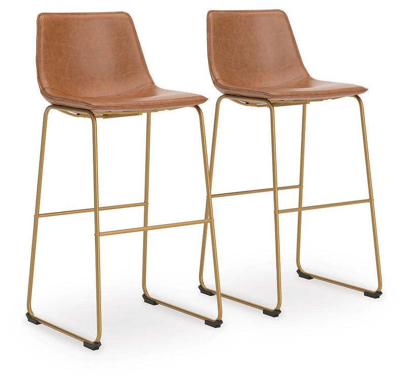 Set of 2 light brown tall upholstered barstools, side-by-side front view