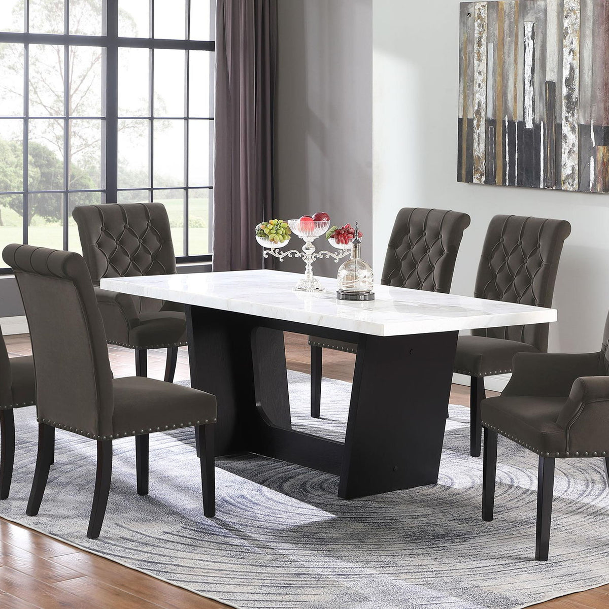 Sherry 7-piece Rectangular Marble Top Dining Table Set Brown