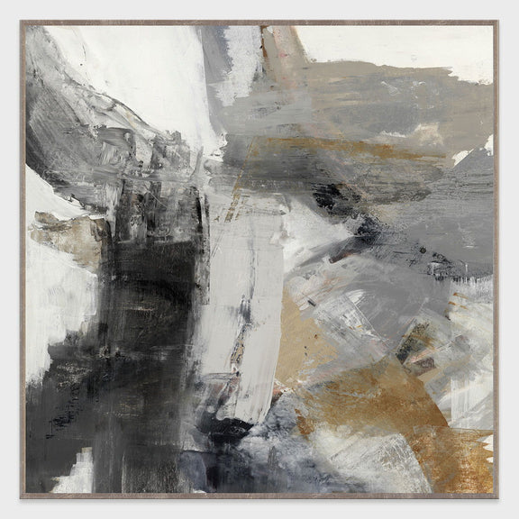 Square abstract painting by Buddy Whitlock, gray and white with gold accents