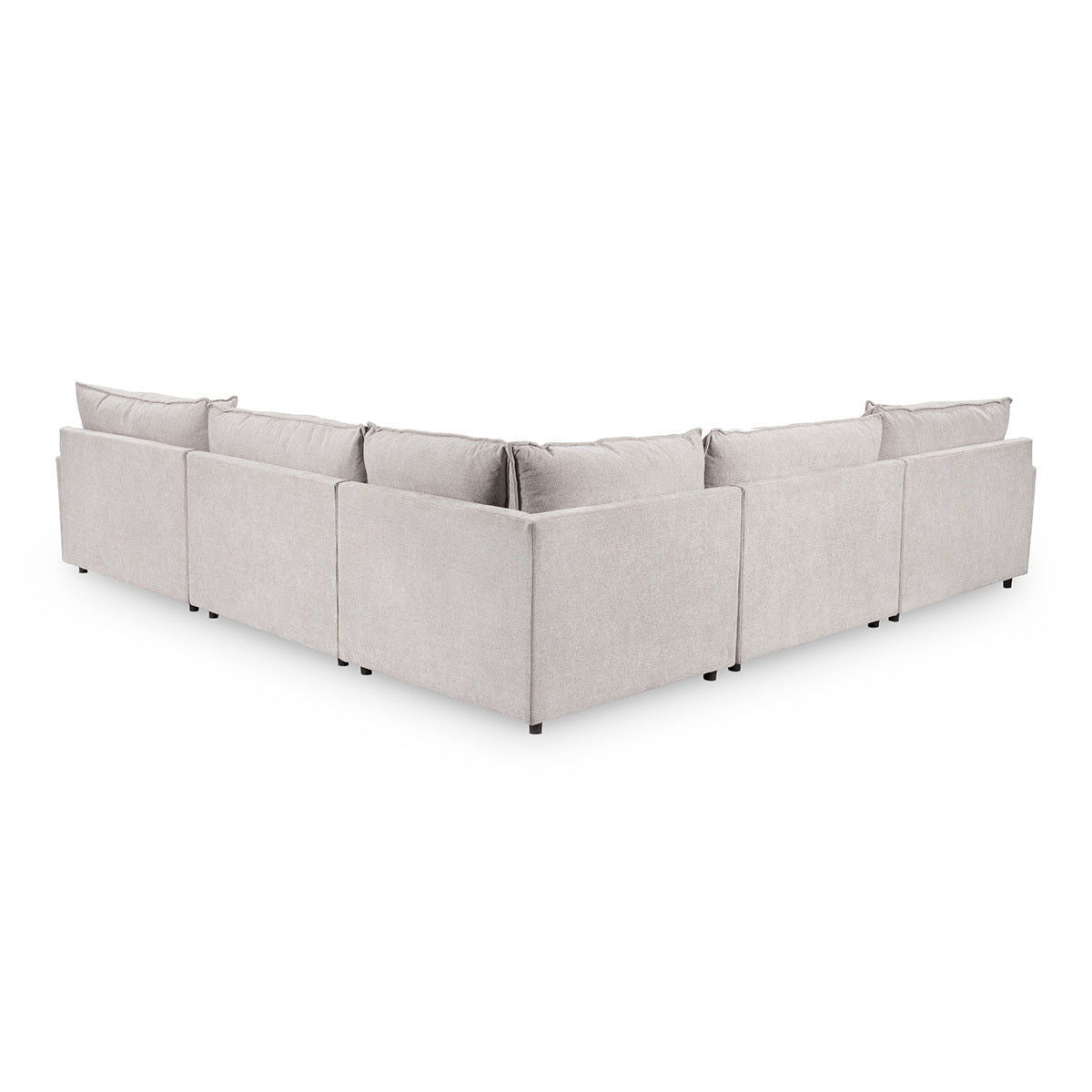 Modular sectional sofa in light gray with boxed corner arms and back cushions.