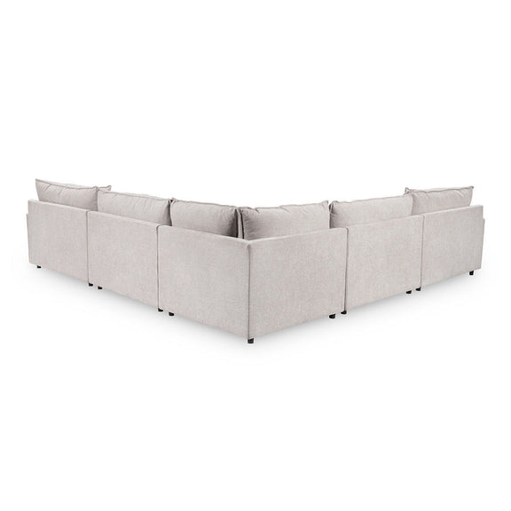 Modular sectional sofa in light gray with boxed corner arms and back cushions.
