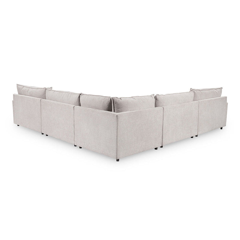 Modular sectional sofa in light gray with boxed corner arms and back cushions.