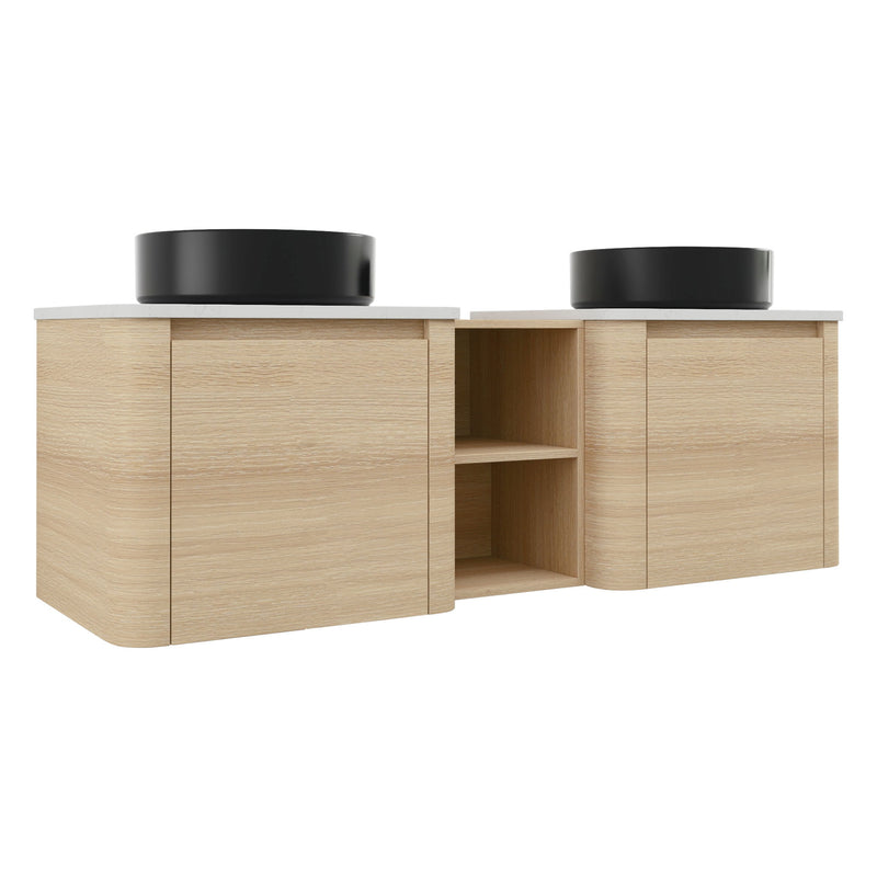 Wall-mounted bathroom vanity with black round art sinks and open center shelf, light wood