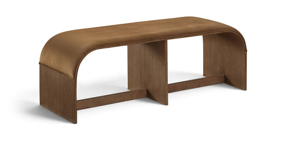 Saddle velvet upholstered bench with curved arms and dark wood base