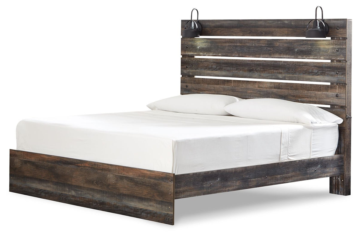 Dark wood panel bed with slatted headboard, white pillows, and two front drawers