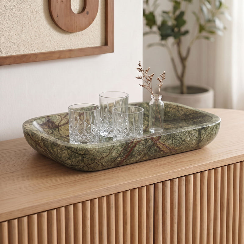 Genuine marble tray with green veining and shallow oval shape, glossy stone finish