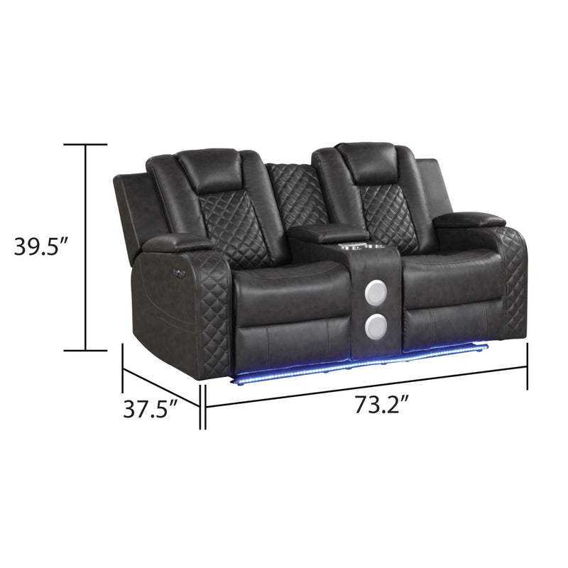 Black power reclining loveseat with tufted arms, quilted headrests, LED light strip