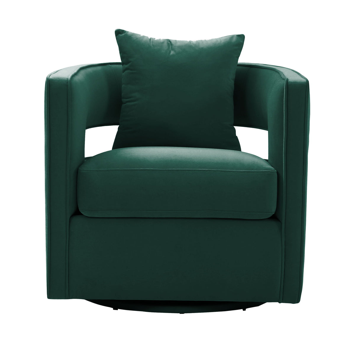 Green swivel chair with padded arms, upholstered seat, and square back cushion