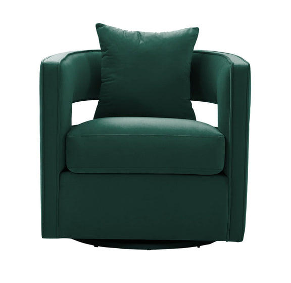Green swivel chair with padded arms, upholstered seat, and square back cushion