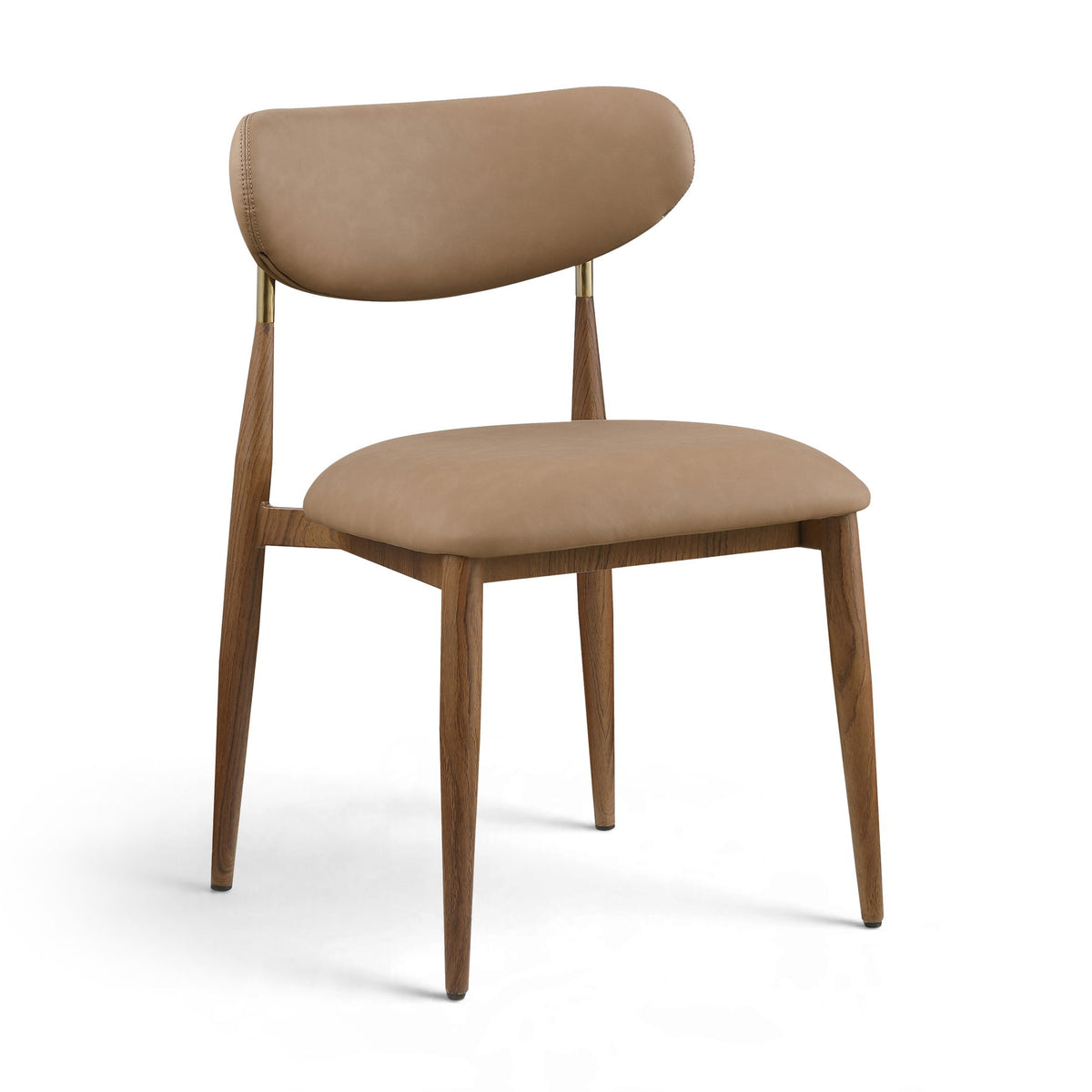 Dark brown vegan leather dining side chair with rounded backrest and walnut legs