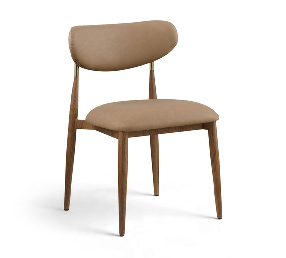 Dark brown vegan leather dining side chair with rounded backrest and walnut legs