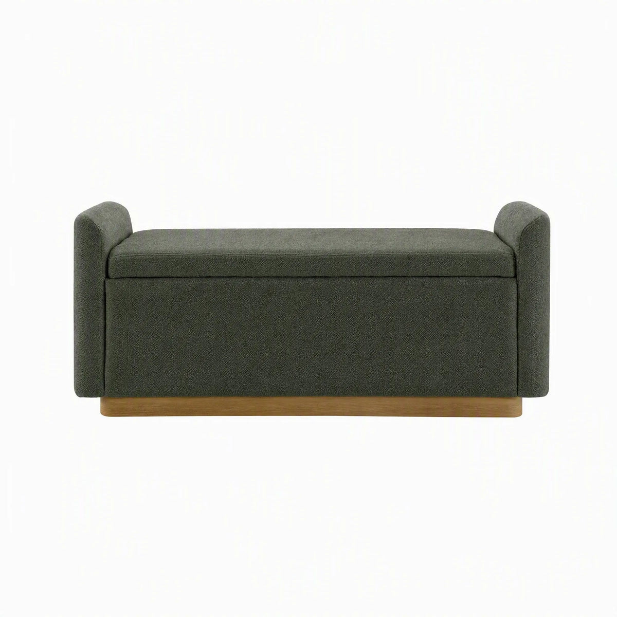 Dark green upholstered storage bench with cushioned lid and hinged safety support.