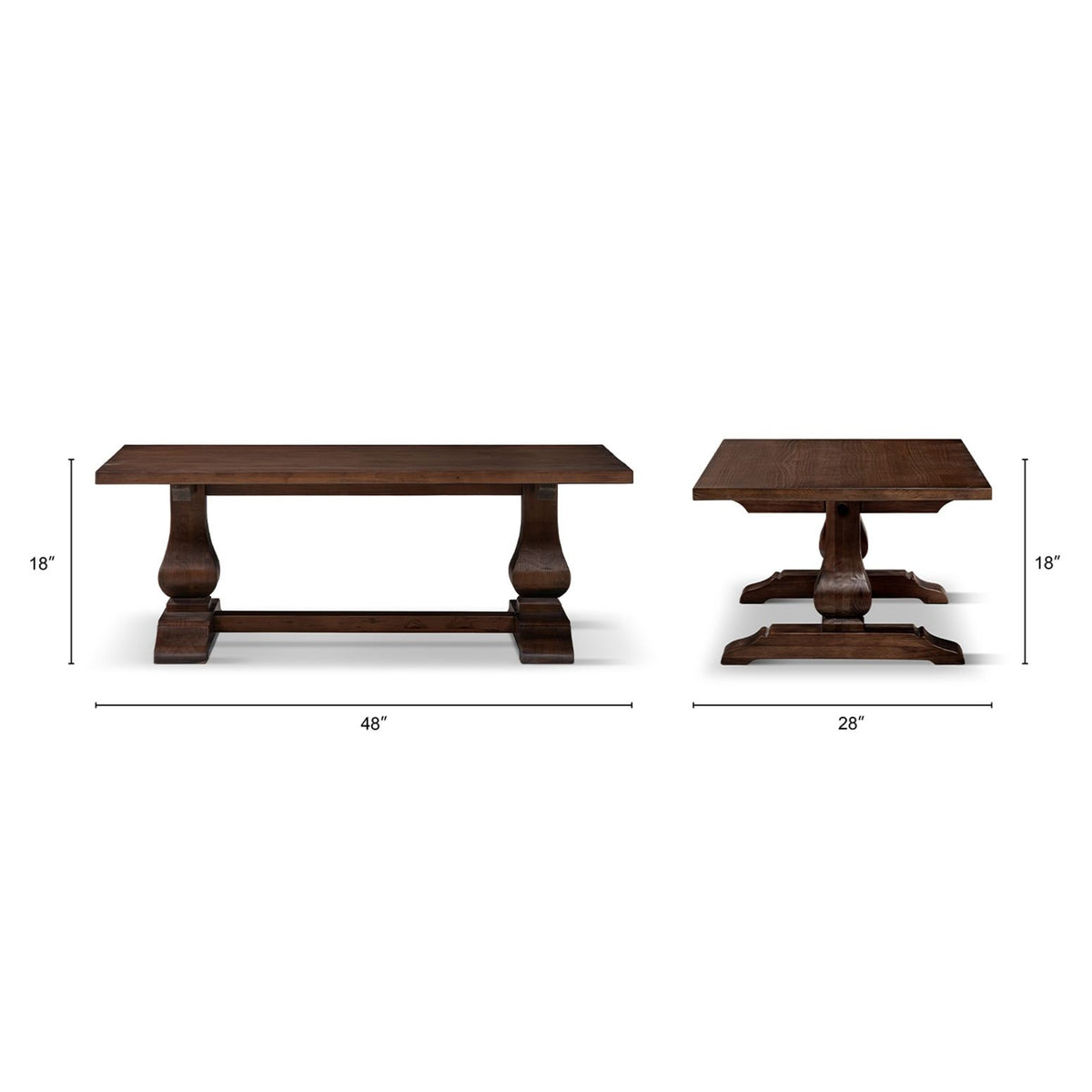 Coffee table size diagram: 48 in wide, 18 in high, 28 in deep, dark wood