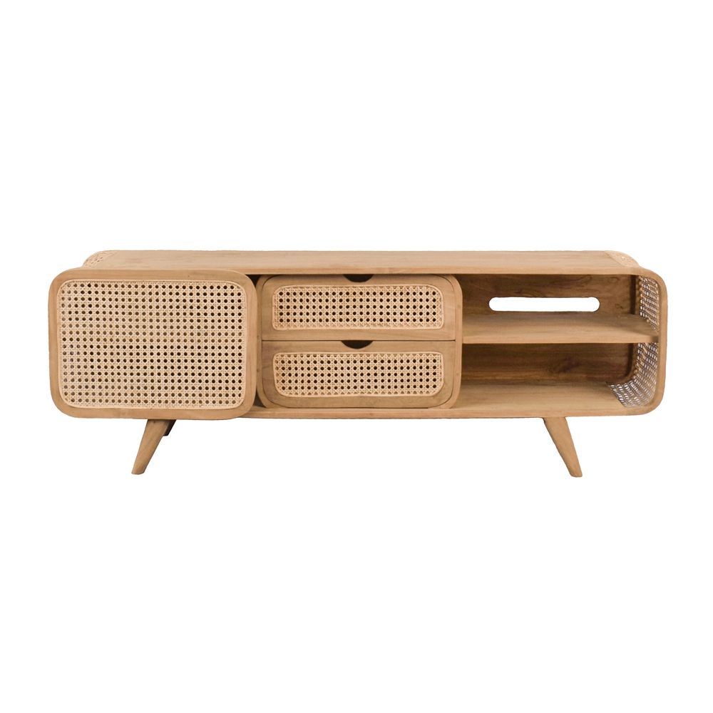 Natural teak cabinet with a cane-front door, two drawers, and open shelves