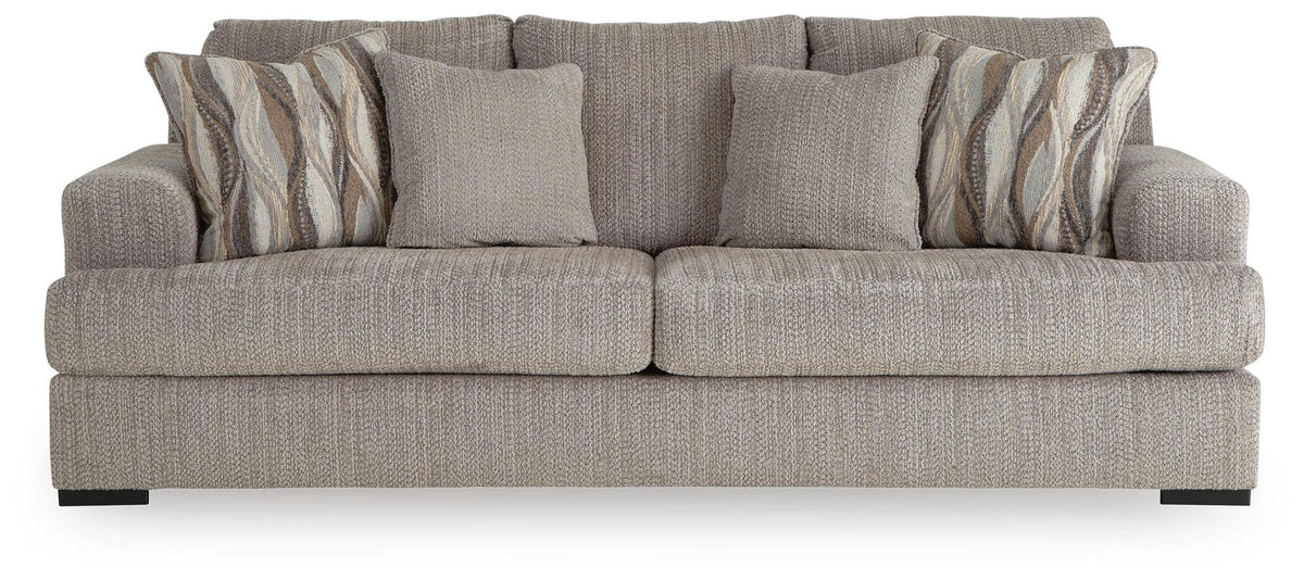 Lofwood sofa front view in gray fabric with four back cushions and two armrests