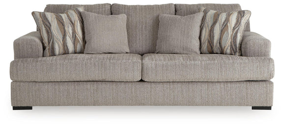 Lofwood sofa front view in gray fabric with four back cushions and two armrests