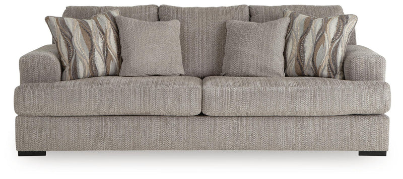 Lofwood sofa front view in gray fabric with four back cushions and two armrests
