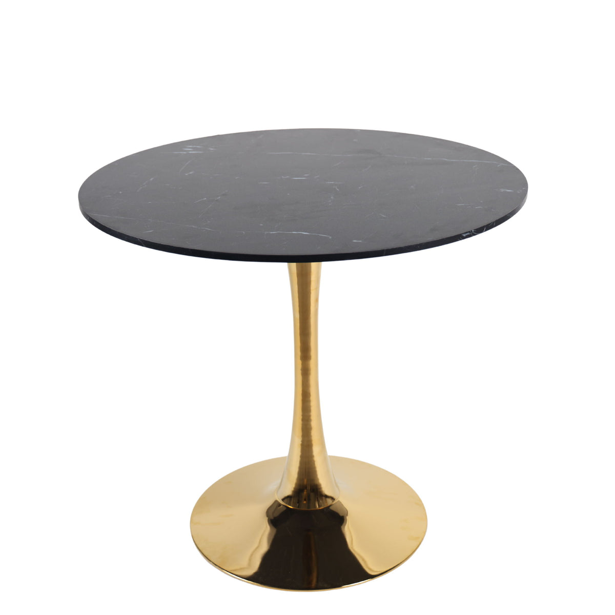 Round pedestal dining table with dark gray marble-look top and gold base