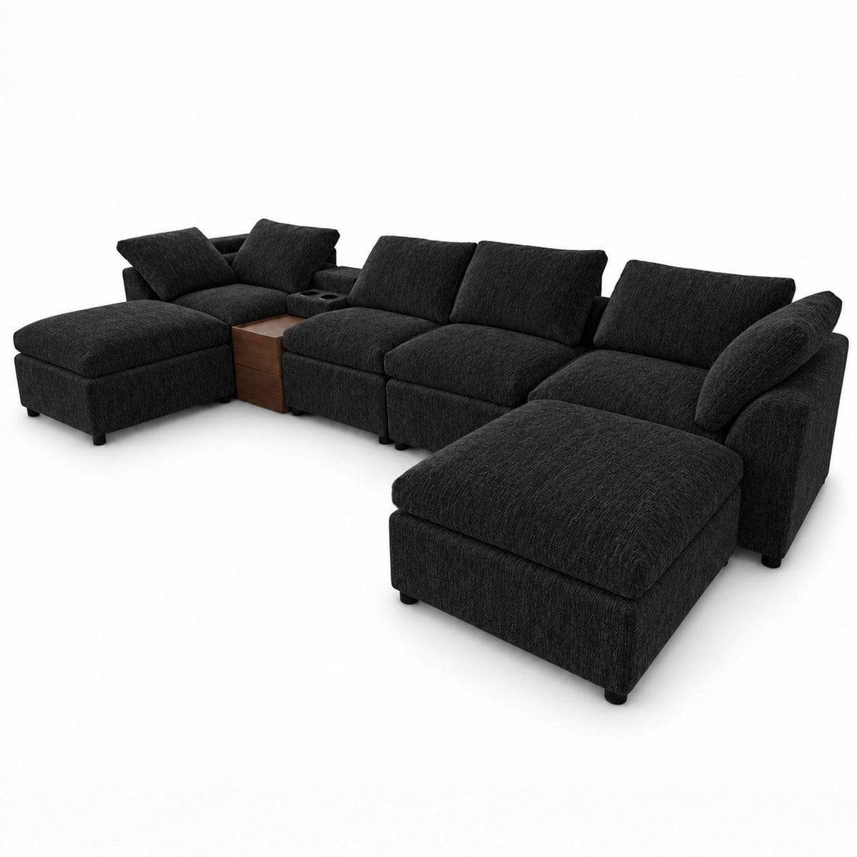 Black modular sectional sofa with storage console and chaise ottomans, square cushions