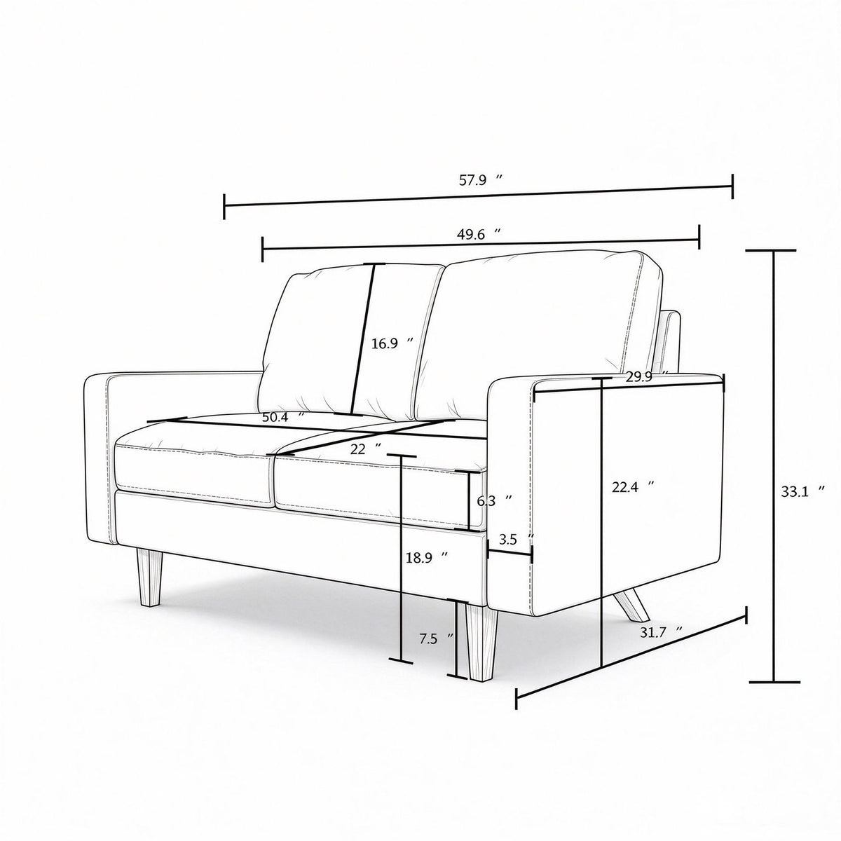 Loveseat dimension diagram showing width, height, seat depth, and arm measurements