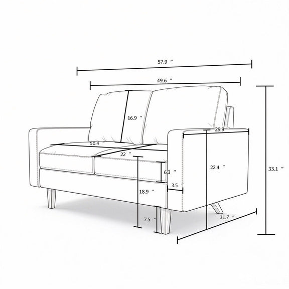 Loveseat dimension diagram showing width, height, seat depth, and arm measurements