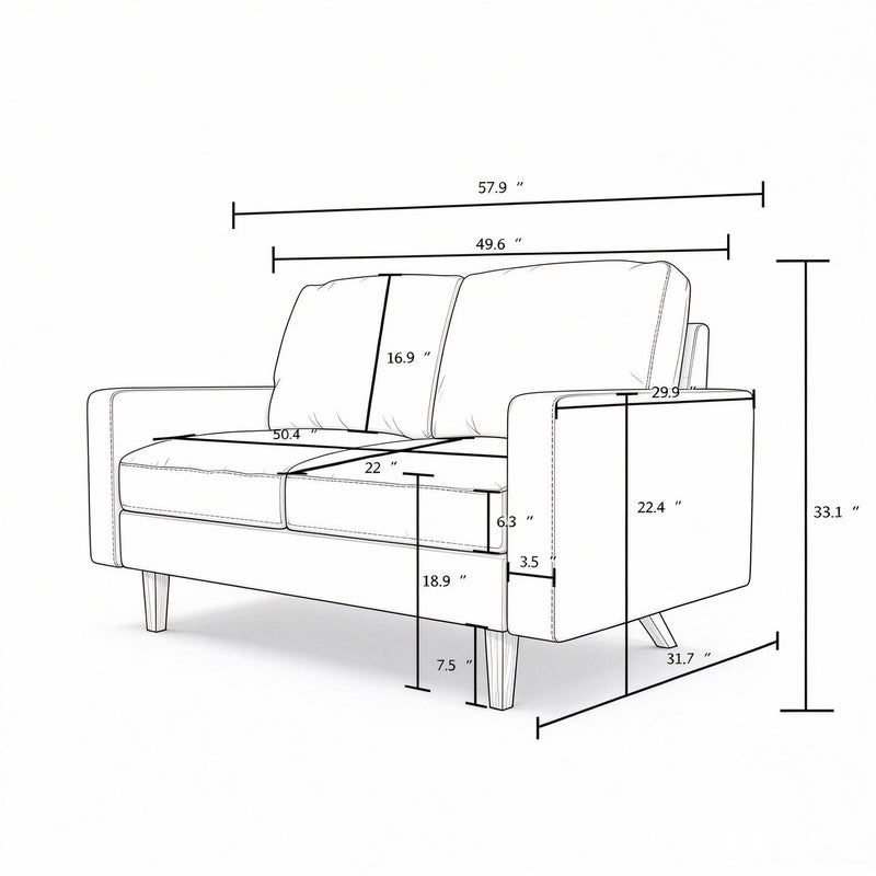 Loveseat dimension diagram showing width, height, seat depth, and arm measurements