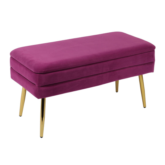 Purple velvet storage bench, cushioned rectangular top with gold tapered legs