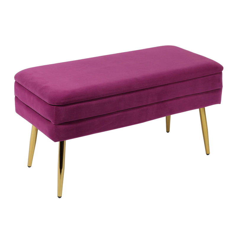 Purple velvet storage bench, cushioned rectangular top with gold tapered legs