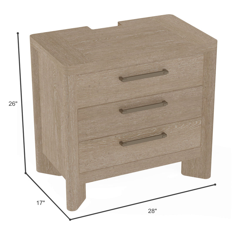 Tan wood nightstand with three drawers and metal bar pulls, front corner view with size marks