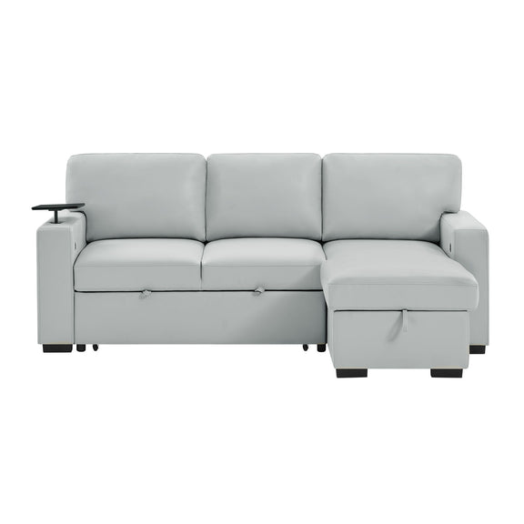 Silver sofabed with pullout chaise, three-seat L-shape, cushioned armrests