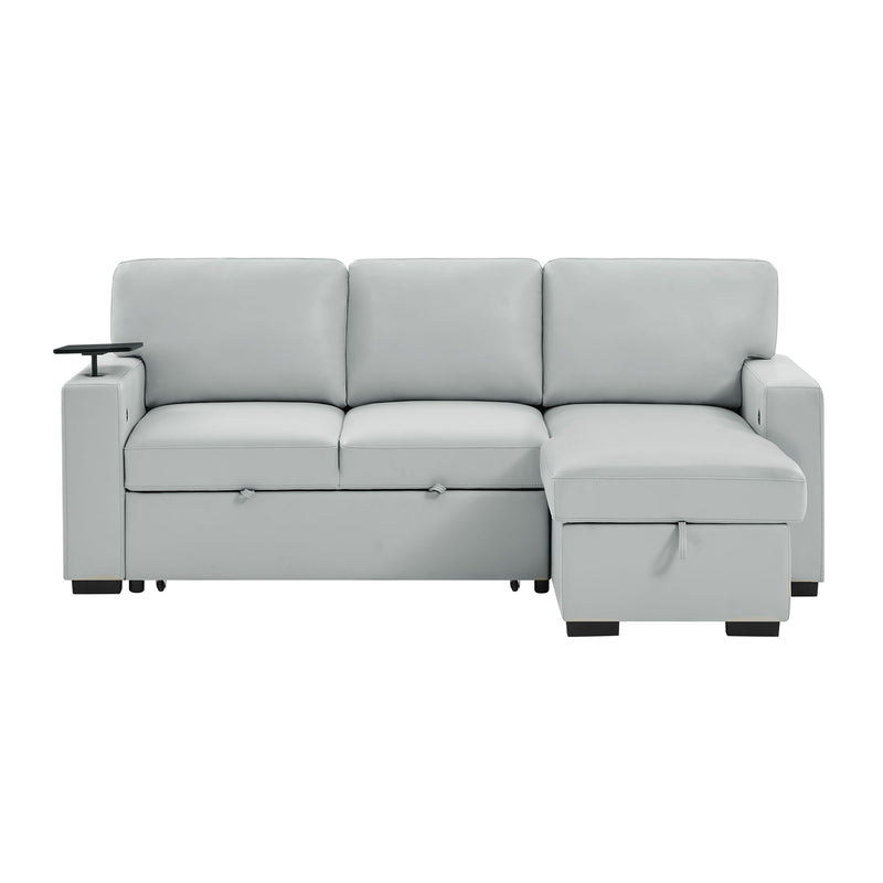 Silver sofabed with pullout chaise, three-seat L-shape, cushioned armrests