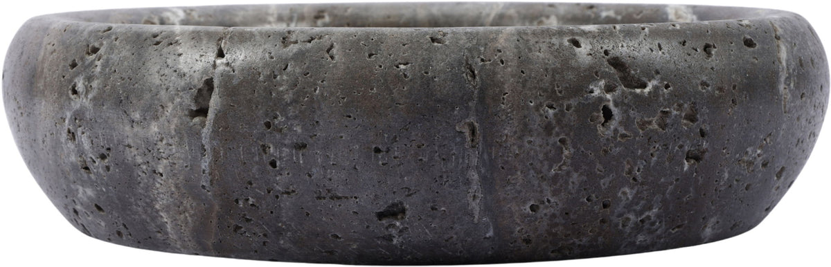 Gray genuine travertine tray with low rounded sides and shallow interior basin.