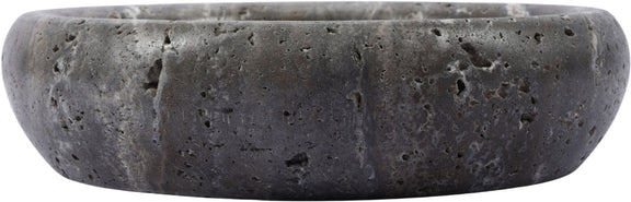 Gray genuine travertine tray with low rounded sides and shallow interior basin.