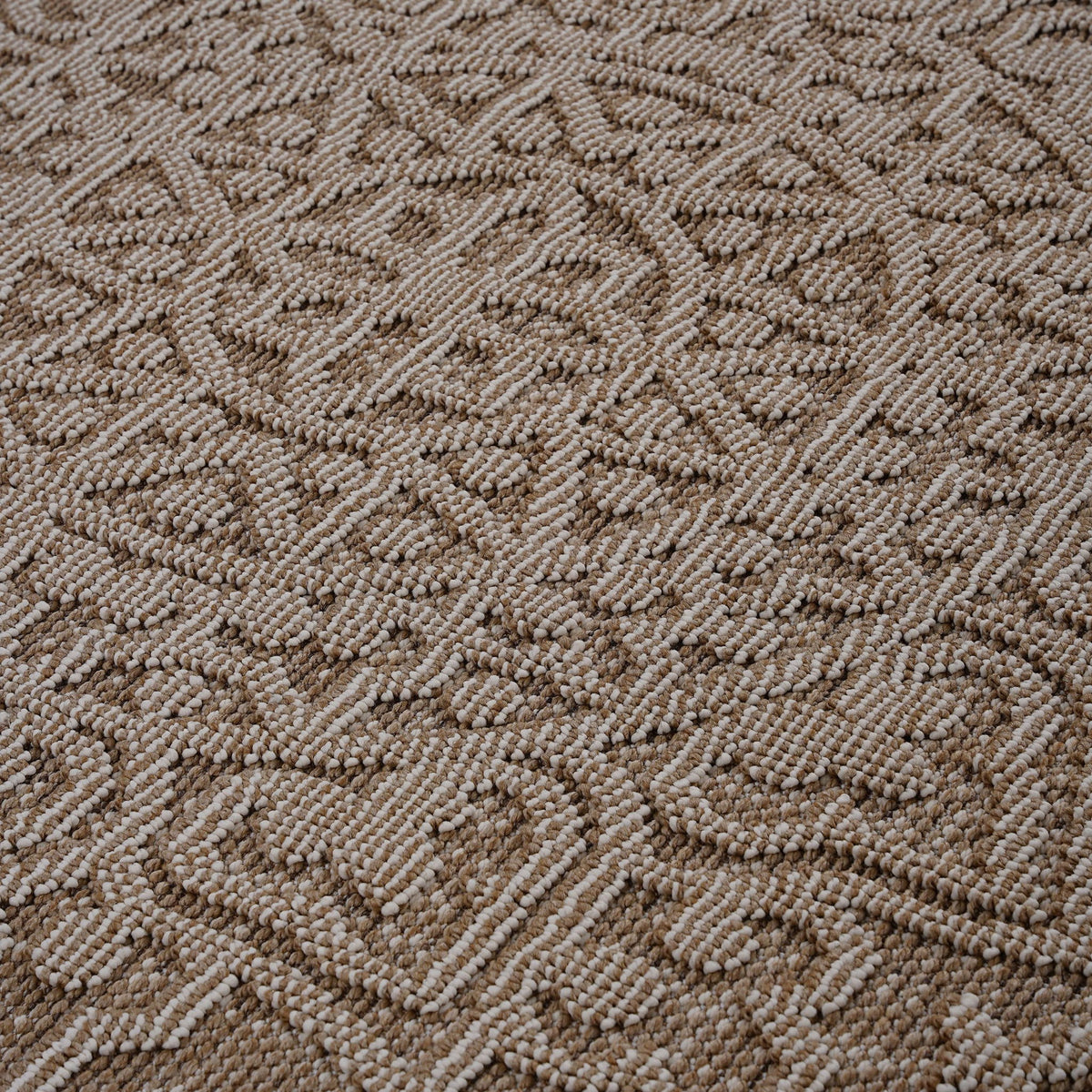 Close-up of beige medallion rug with raised textured diamond and swirl motif