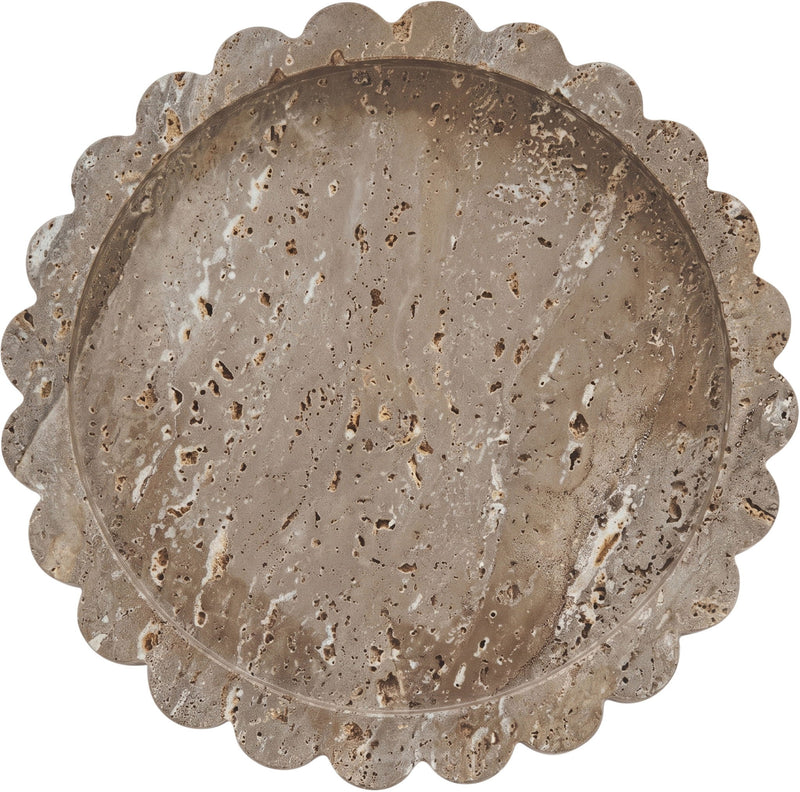 Gray travertine serving tray top view with scalloped rim and speckled texture