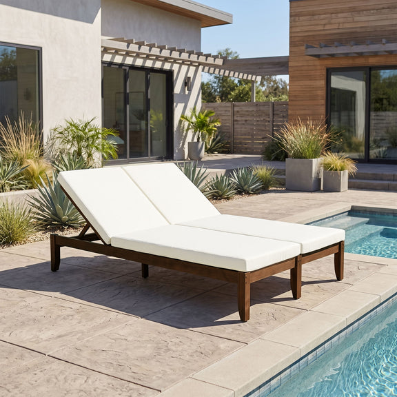 Outdoor patio lounge recliner with beige cushions and walnut-brown wood frame