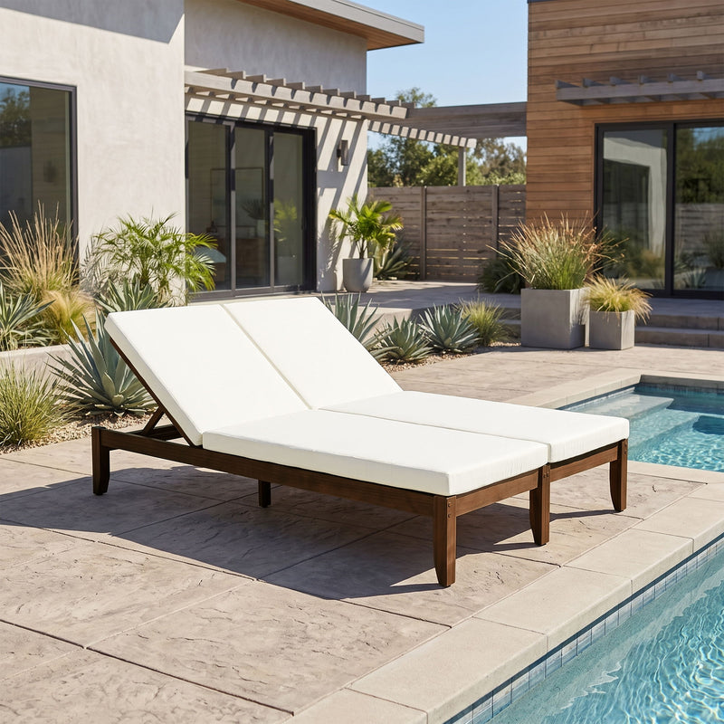 Outdoor patio lounge recliner with beige cushions and walnut-brown wood frame